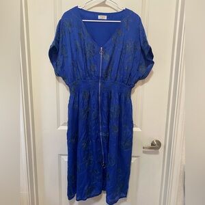 Bright Blue Floral Midi Dress with Front Zip